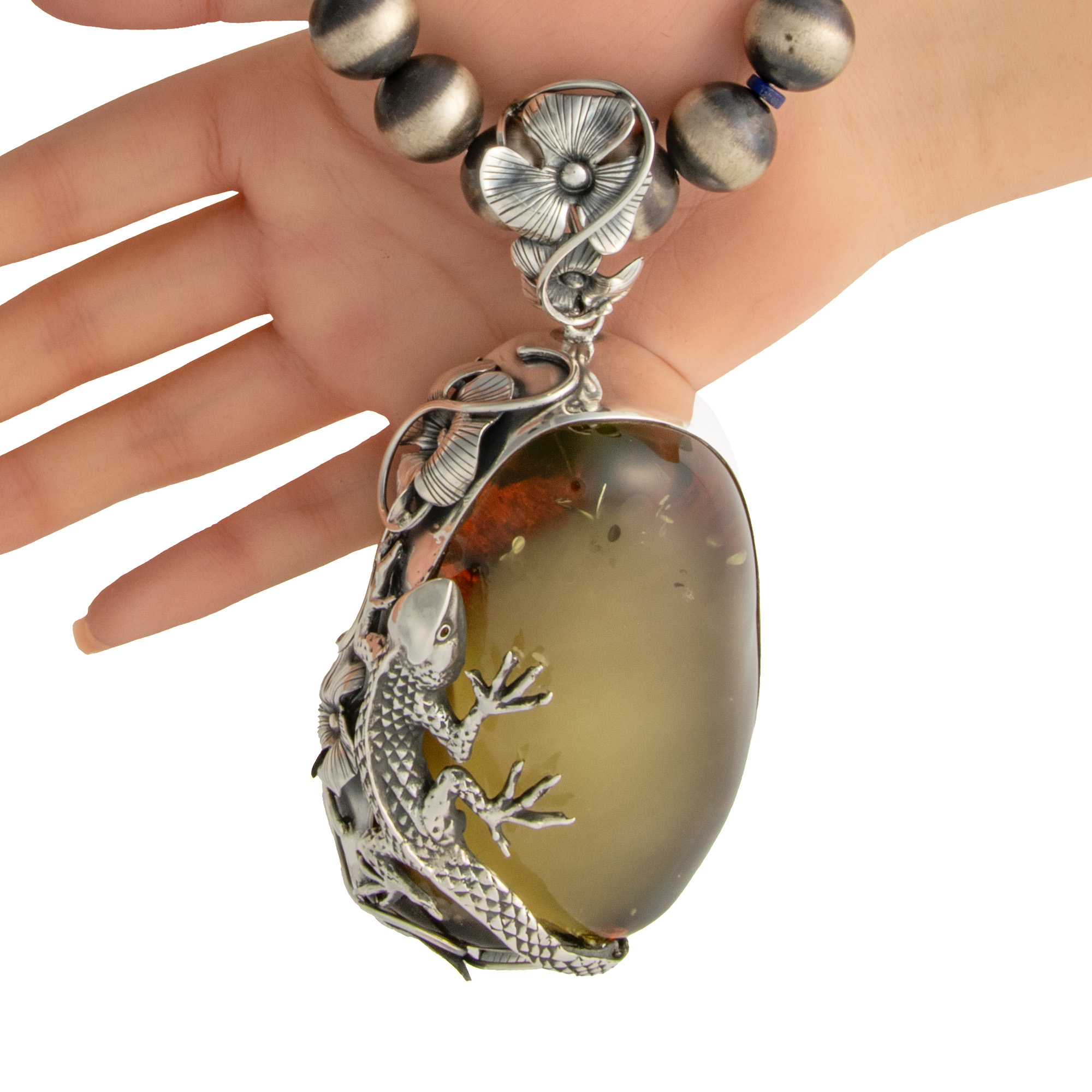 Huge Heavy Sterling Silver and Natural Baltic Amber Lizard Pendant 6